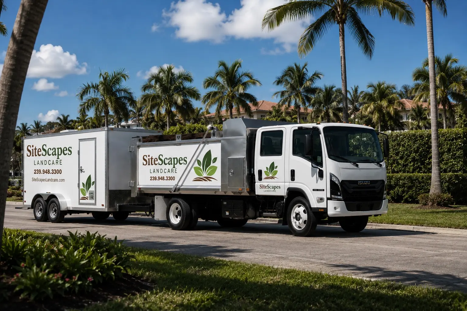 SiteScapes Landcare branded Isuzu truck and equipment trailer on a Southwest Florida job site