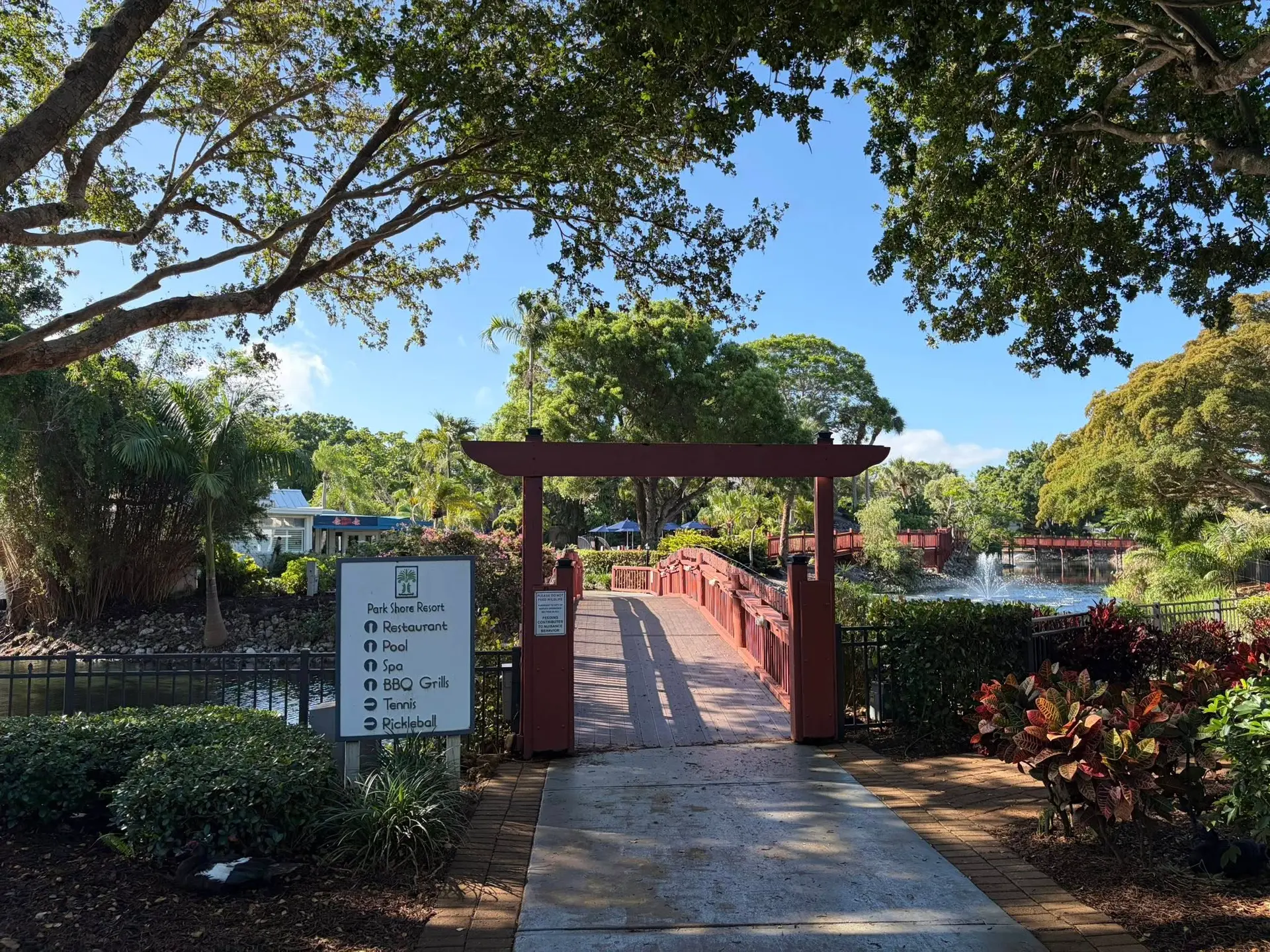 Tropical resort landscape with footbridge maintained by SiteScapes Landcare